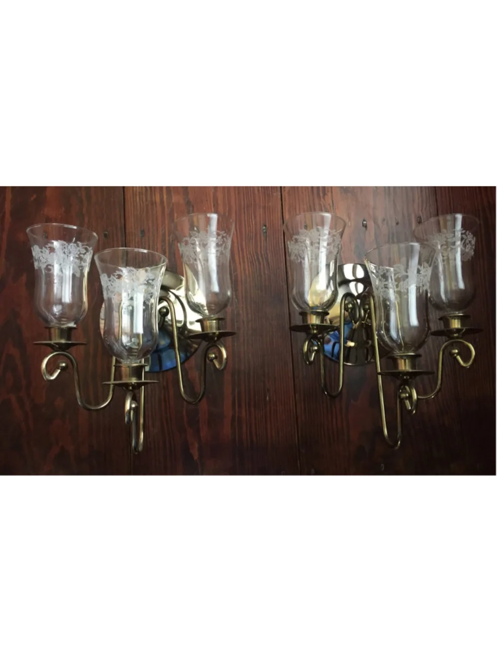Vtg Pair Brass plate Wall Sconce Candle Holders W/Etched Glass Globes